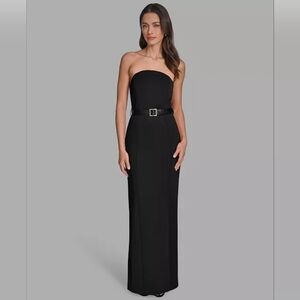BCBG Strapless Black Column Gown with Decorative Belt